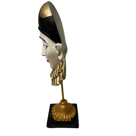 Harlequin Pierrot Clown Head Mask on a stick Gold collar Black Pedestal  Decorat - Picture 2 of 8